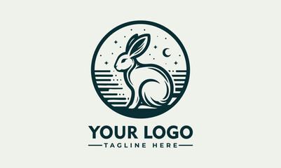 Minimalist rabbit sitting inside circular emblem in side profile, stylized animal icon. Nature concept
