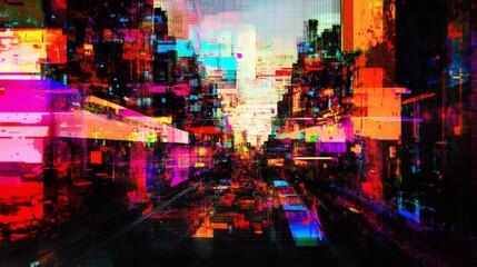 Test pattern on the glitch screen. No signal. Pal test card. Digital errors. Digital artifacts. Pixel noise.