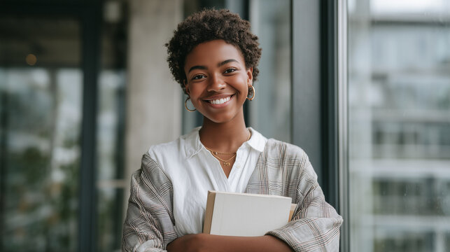  A young Black woman in her late twenties, wearing an elegant white blouse and plaid skirt with high heels, smiles at the camera while holding books or papers. - Powered by Adobe