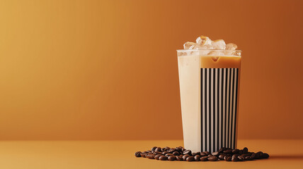 Stylish white pouch with black striped top standing beside a glass of refreshing iced coffee