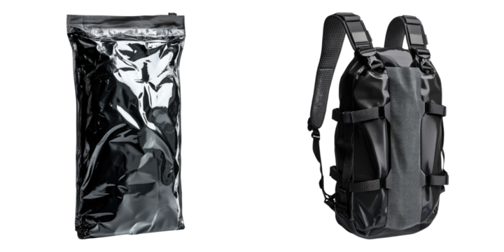 A black bag with a white label and a black backpack