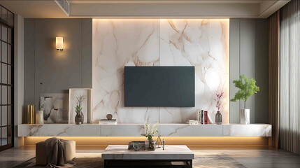 Modern minimalist style TV cabinet design with a marble stone background wall and light strip lighting on the front of it The top is decorated with white lin
