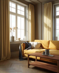 an elegant yellow color interior scene with a caramel yellow suede sofa wood coffee table soft light curtains neutraltoned walls sunlight filtering through c