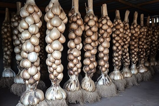 Large bunches of freshly harvested garlic bulbs are neatly hung to dry indoors in a dimly lit storage area