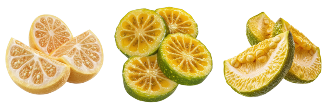 Three slices of fruit, one of which is a lime