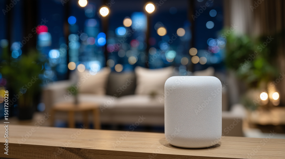 Poster close-up of ai smart assistant speaker on shelf, bokeh living room setting behind, voice command int