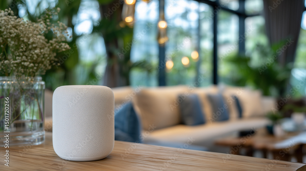 Poster close-up of ai smart assistant speaker on shelf, bokeh living room setting behind, voice command int