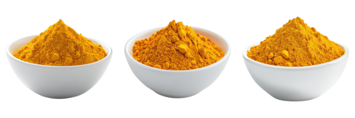 Three bowls of yellow powder are lined up on a white background