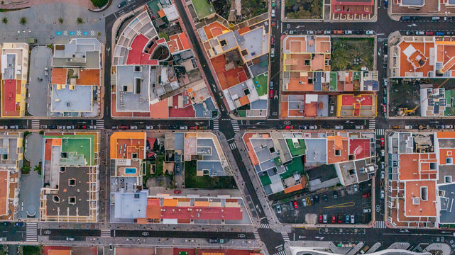 Aerial view of vibrant puerto naos town with colorful buildings and organized streets, La Palma Island, Canary Islands, Spain.