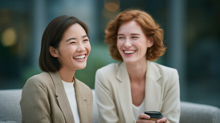 Obraz premium A photo of two women, one asian and the other white with red hair smiling while sitting in an office drinking coffee. They both have light brown suits on