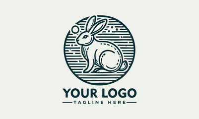 Minimalist rabbit sitting inside circular emblem in side profile, stylized animal icon. Nature concept
