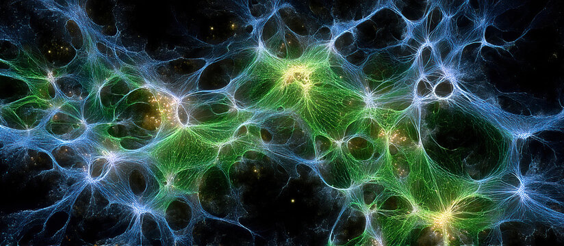 Fibroblast cell network glowing in blue and green light with intricate web like structures showing cellular connections