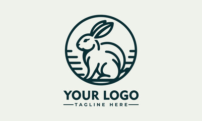 Minimalist rabbit sitting inside circular emblem in side profile, stylized animal icon. Nature concept
