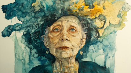 watercolor illustration of sad old woman