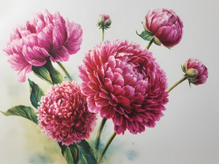 Lush pink peony flowers in full bloom with detailed petals and soft green leaves, presented against a neutral, light background.