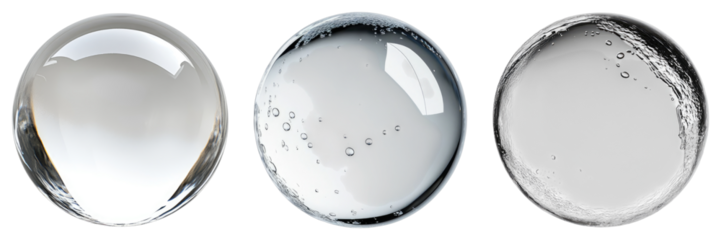 Three different colored glass spheres with a clear center