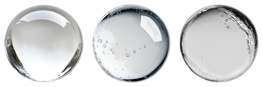 Three different colored glass spheres with a clear center