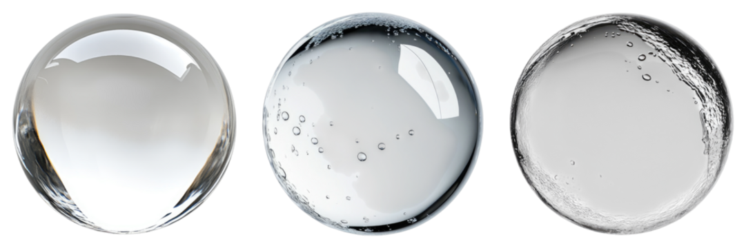 Three different colored glass spheres with a clear center