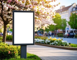Blank Billboard on Sidewalk with Blossoming Cherry Trees in Urban Setting
