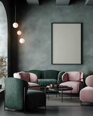 an elegant living room with multiple sofas and two chairs empty completely blank framed white poster mockup on wall light maroon and dark green rounded forms