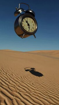 R&eacute;veil suspendu au-dessus des dunes dans un d&eacute;sert aride sous ciel bleu

