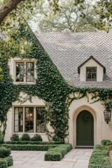 Charming ivy-covered cottage with lush greenery and a welcoming entrance surrounded by trimmed hedges, creating a serene atmosphere in the afternoon light