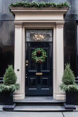 Fototapeta premium The entrance exudes charm, adorned with a beautiful greenery wreath and vibrant festive plants, perfectly capturing the essence of the holiday season in an urban environment