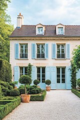 Obraz premium Nestled in a tranquil setting, this stunning French house boasts charming blue shutters and is beautifully enveloped by meticulously manicured gardens, all bathed in the warm glow of daylight