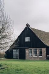 Obraz premium Historic black wooden house with green lawn under an overcast sky, situated in a rural landscape ideal for exploration and photography