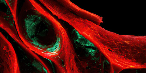 Obraz premium Fibroblast cell structure highlighted in red and green under microscope showing detailed biological tissue with vivid colors