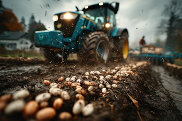 A blue tractor plows a muddy field scattered with eggs. The scene is set in a rural area with trees and houses in the background. It is a cloudy day.