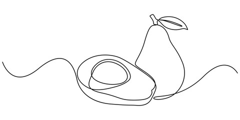 Continuous one single minimal line drawing avocado, Avocado Single Line Icon, A half of avocado superfood line art illustration, white background,  Sketch and Doodle Design. pro vector.