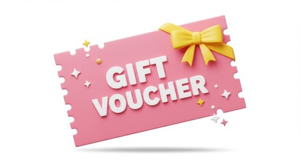 Pink gift voucher with yellow bow isolated on a white background