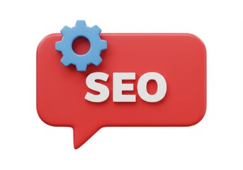 Seo text in speech bubble with gear isolated on a white background