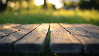 Fototapeta premium Rustic Wooden Table in a Garden Setting