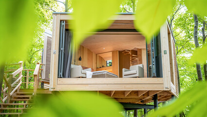 Modern Treehouse Architecture: Luxury Wooden Cabin for Glamping Escape in Lush Forest. Sustainable Nature Retreat, Eco-Tourism Hideaway