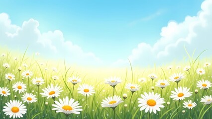 Wide field of blooming white daisies under a bright blue sky with soft clouds, capturing the essence of a sunny spring or summer day.

