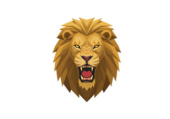 Roaring lion head logo in geometric vector style, golden tones, bold and powerful, flat design on white background.