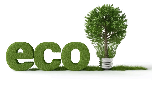 3D green tree with light bulbs with the text &ldquo;eco&rdquo;, isolated on a white background