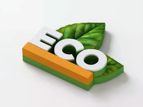 3D logo with the word &ldquo;ECO&rdquo; on top, with a leaf-shaped element in the background, on a white background