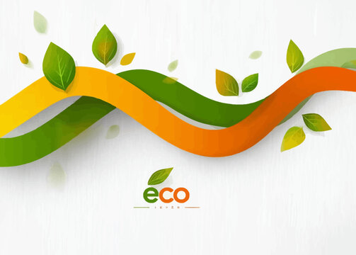 Eco background concept with green leaves and wavy lines, &ldquo;Eco&rdquo; text, colorful banner design for nature energy 