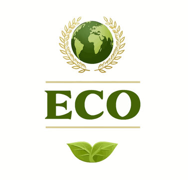 Logo design with the word &ldquo;ECO&rdquo;, depicting the Earth symbol and green leaves on a white background