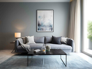 architecture photography frontal view of modern and elegant living room with sofa on the light wall minimalistic elements intricate details