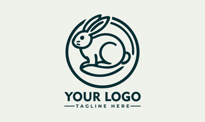 Minimalist rabbit sitting inside circular emblem in side profile, stylized animal icon. Nature concept

