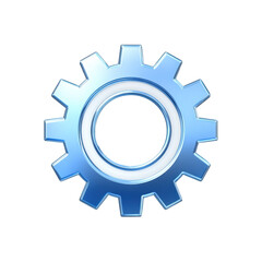 Blue 3D gear icon illustration on a metal internet button for technology and business settings on a white or transparent background.	
