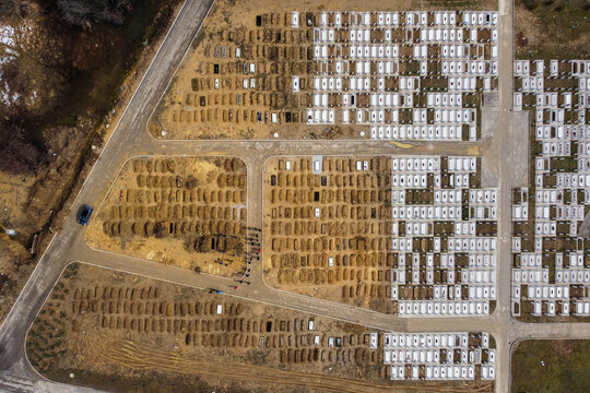 Aerial view of vlakovo cemetery with rows of gravestones and pathways, Sarajevo, Bosnia and Herzegovina.