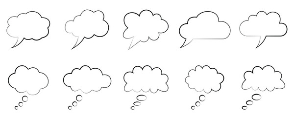 Thought Bubbles Set Outline. Conversan Bubbles. A collection of diverse speech and thought bubbles. Conversation Clouds vector