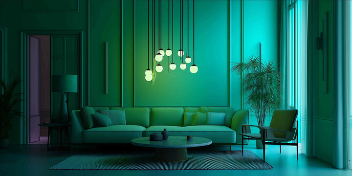 Everything is solid realistic interior of a modern room beautiful chandelier Everything is drenched in a bright green and blue hue except for these colors th