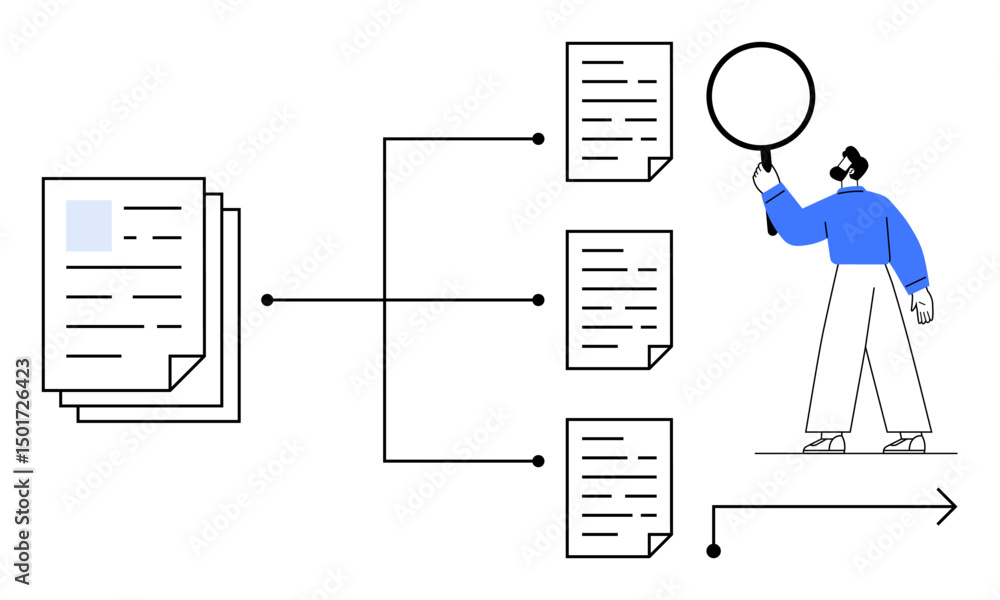 Poster man examining documents in workflow diagram, branching structure, and magnifying glass. ideal for da