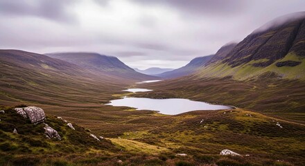 Scottish Highland Glen with Mist and Loch